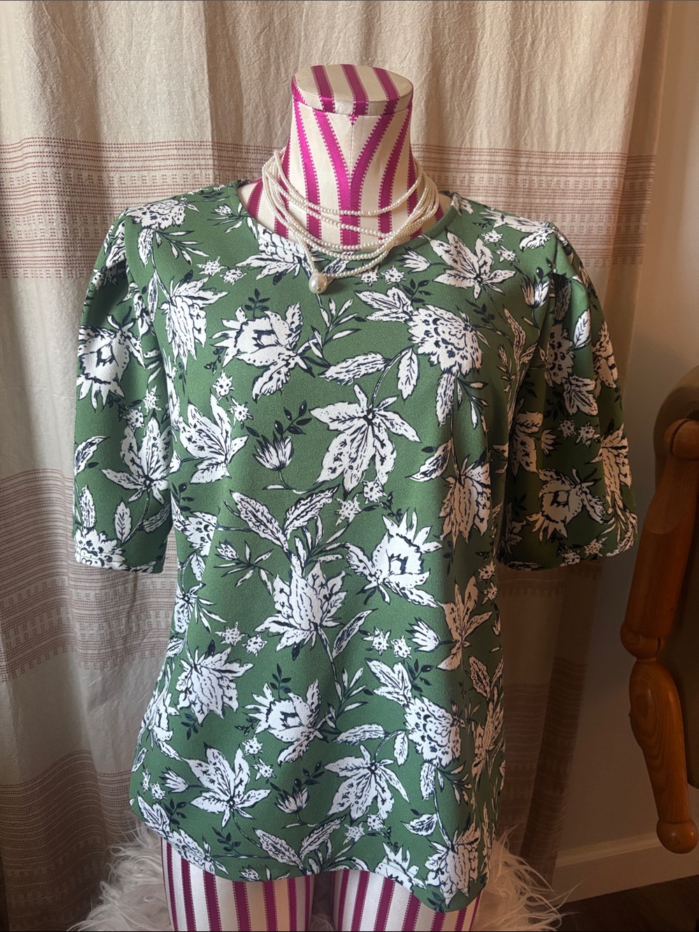 MELLODAY Green White Floral Puff-Sleeve Top